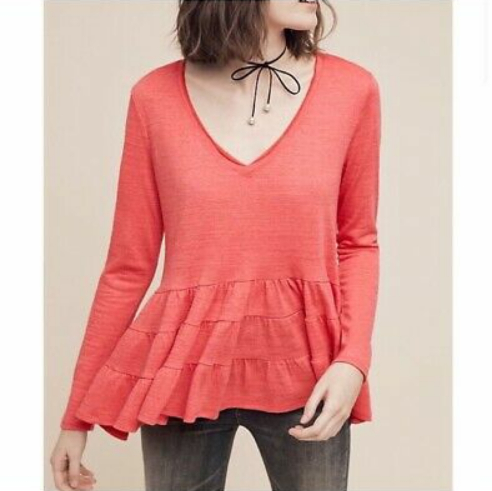 Anthropologie Deletta| Coral ruffle peplum top